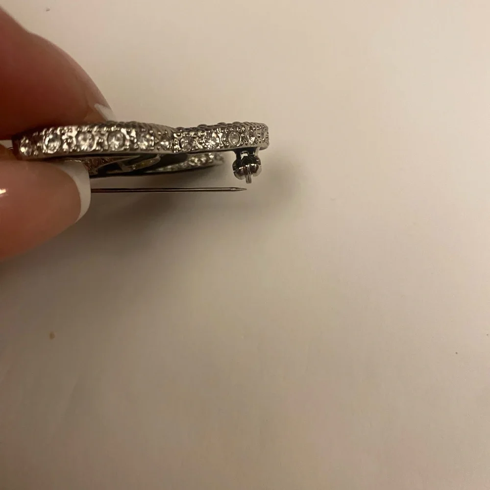 CHANEL Classic Textured Crystal Interlocking CC Logo Brooch Pin